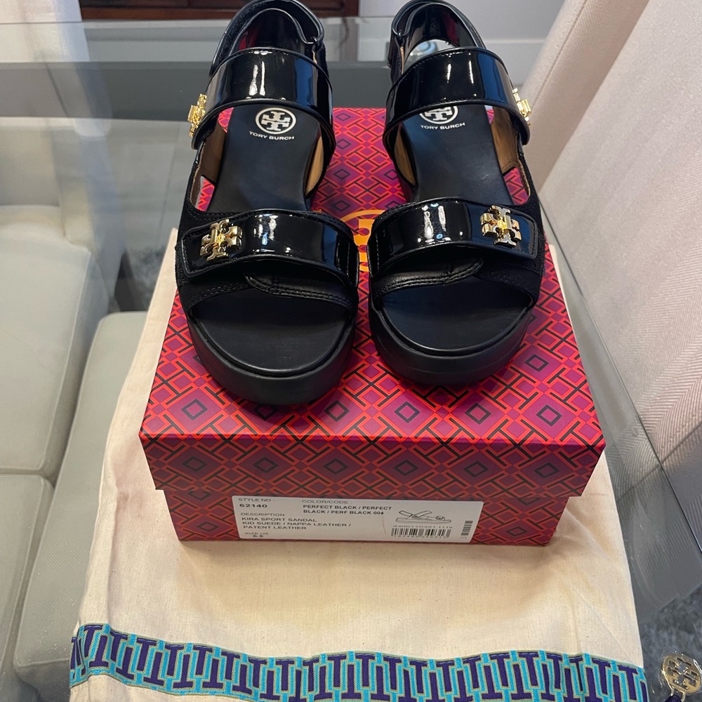 Tory Burch Glossy Black Sandals with Gold Accents